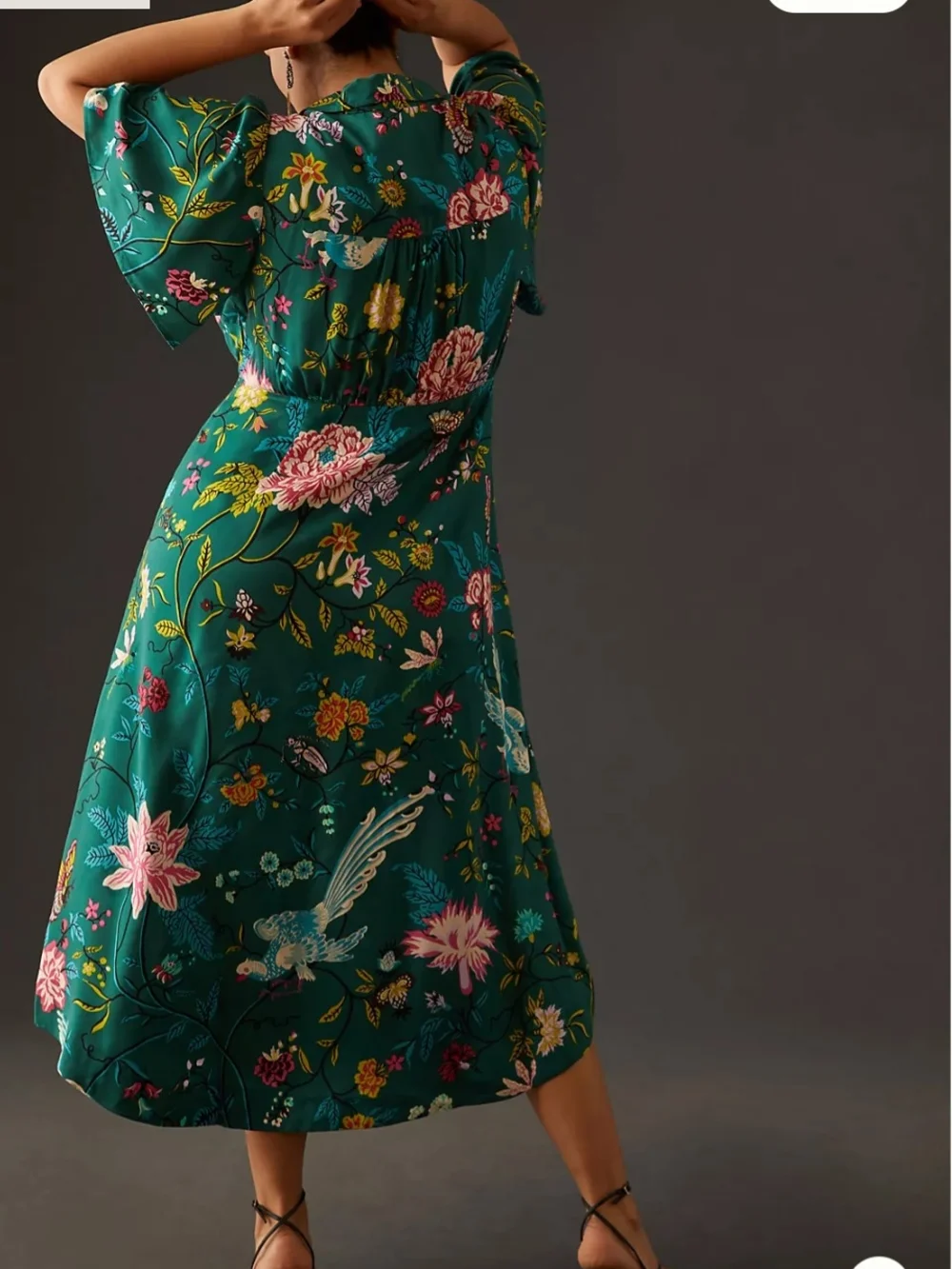 Maeve Anthropologie Button Front Shirt Dress 14 Green Floral Bird V-neck Slit - Picture 10 of 15